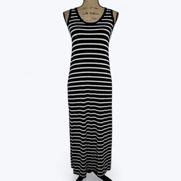J Crew Striped Maxi Dress Sz XXS Black Gray Racerback Tank Slit Vacation Lounge - Picture 1 of 12